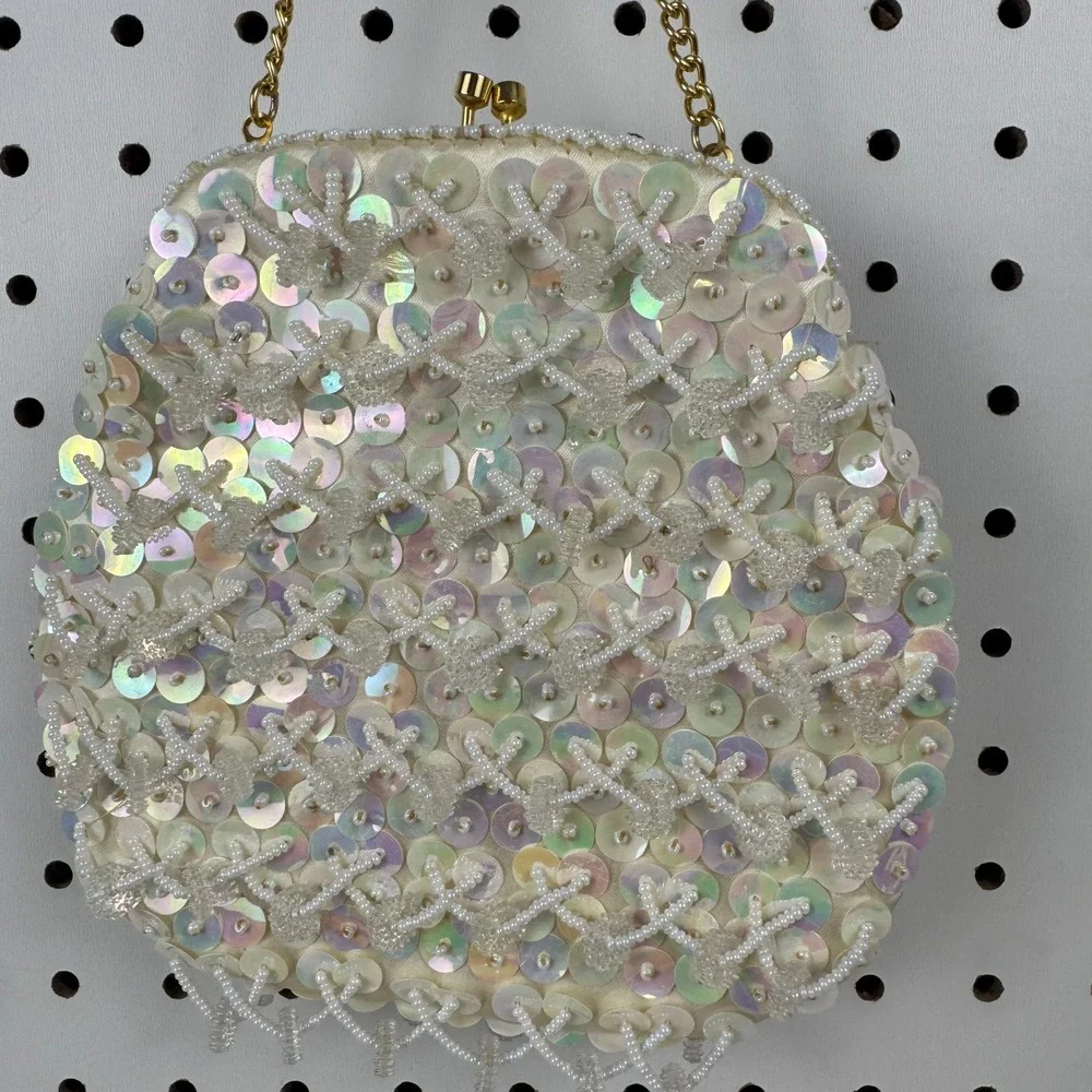 Vtg 1960s Hong Kong Beaded Sequin‎ Evening Bag White Iridescent Bridal Purse